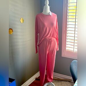 Abollria Womens 2 piece outfit joggers set long sleeve crew neck pullover pink